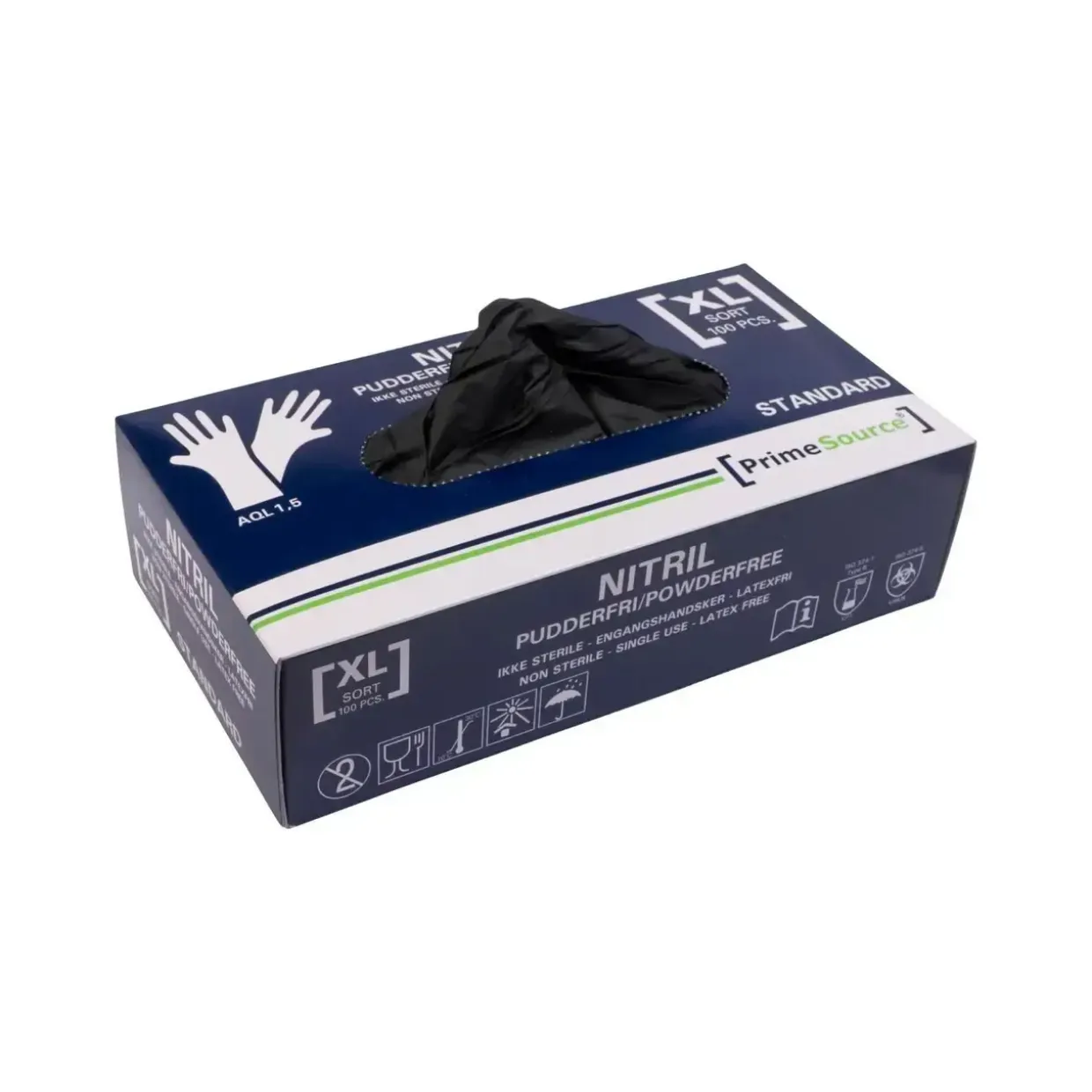 Handske Engangs Prime Source STANDARD str XL Nitril uden Pudder Sort AQL 1.5 - 10 pk x 100 stk/krt