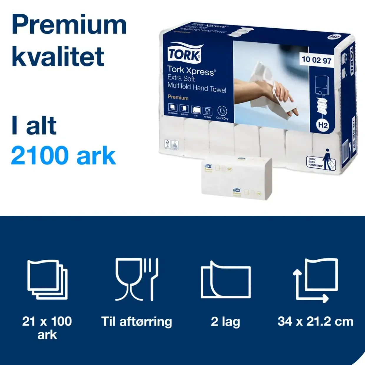 Håndklædeark - Tork H2 Premium - 100297 - 2-lags - 21,2x34 cm - Hvid - 100 ark pr. pakke - 21 pakker