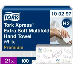 Håndklædeark - Tork H2 Premium - 100297 - 2-lags - 21,2x34 cm - Hvid - 100 ark pr. pakke - 21 pakker