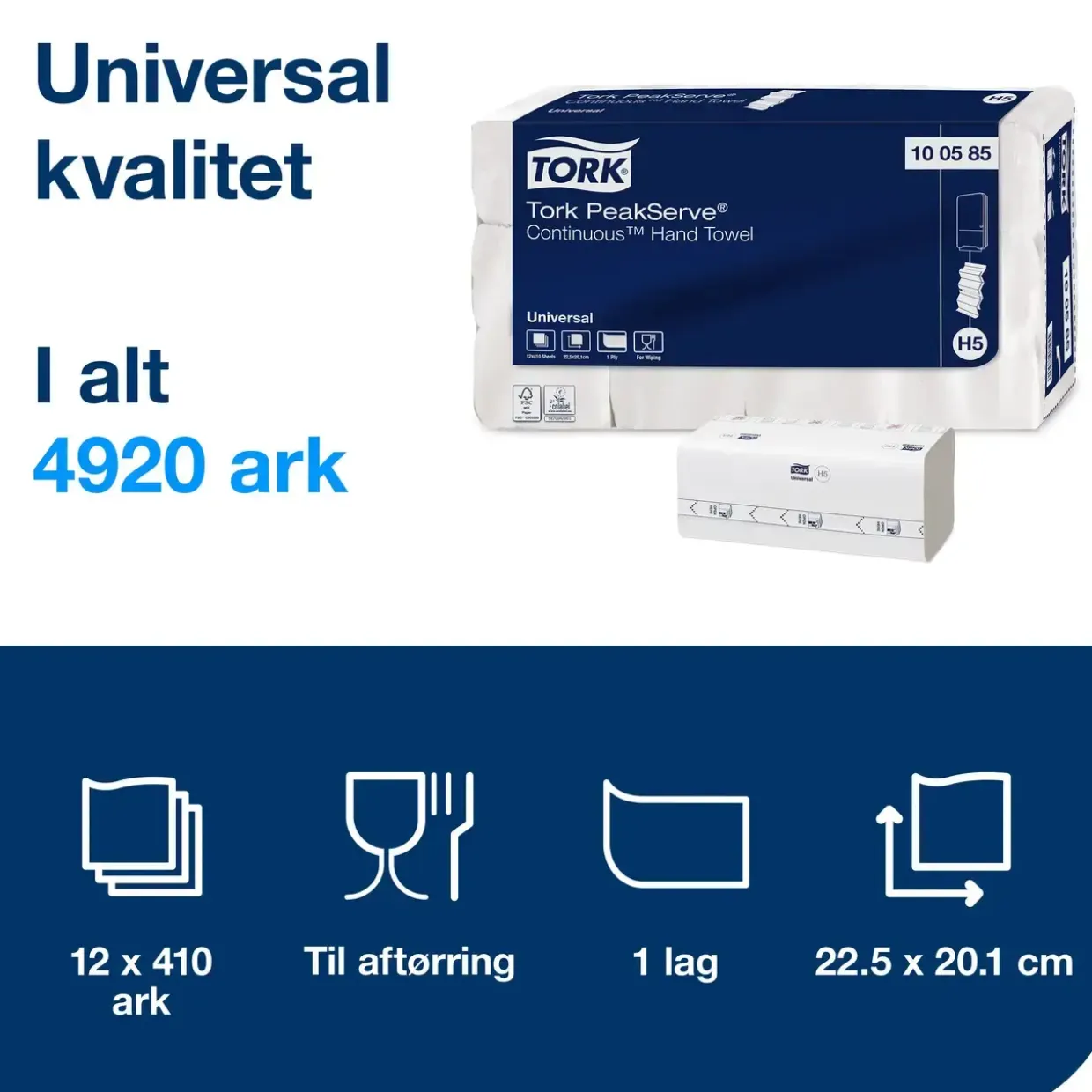 Håndklædeark Tork 100585 PeakServe H5 1-lags hvid B:20,10 x L:22,50 x D:8 cm - 4920 stk