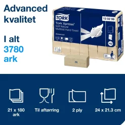 Håndklædeark Tork 130299 Xpress H2 Advanced 2-lags Z-fold 21,3x24cm 8 cm nature - 3780 stk
