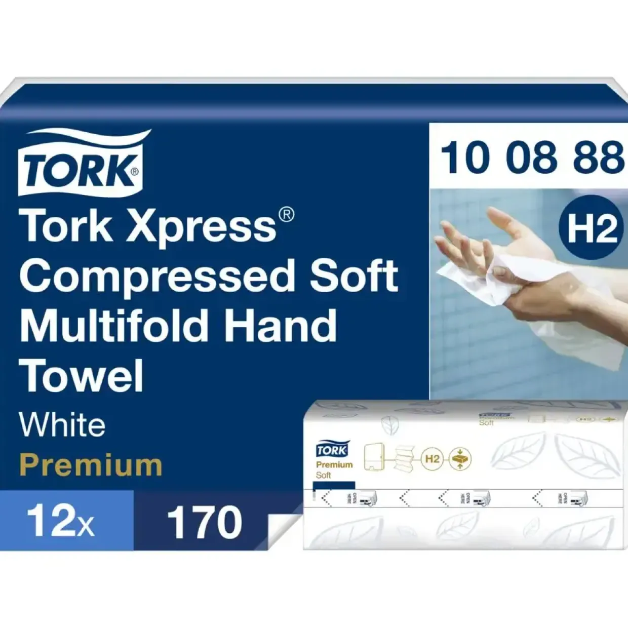 Håndklædeark, Tork 100888 Xpress H2 Premium, 2-lags, W-fold, 32x21,2cm, 8 cm, hvid - 2040 stk