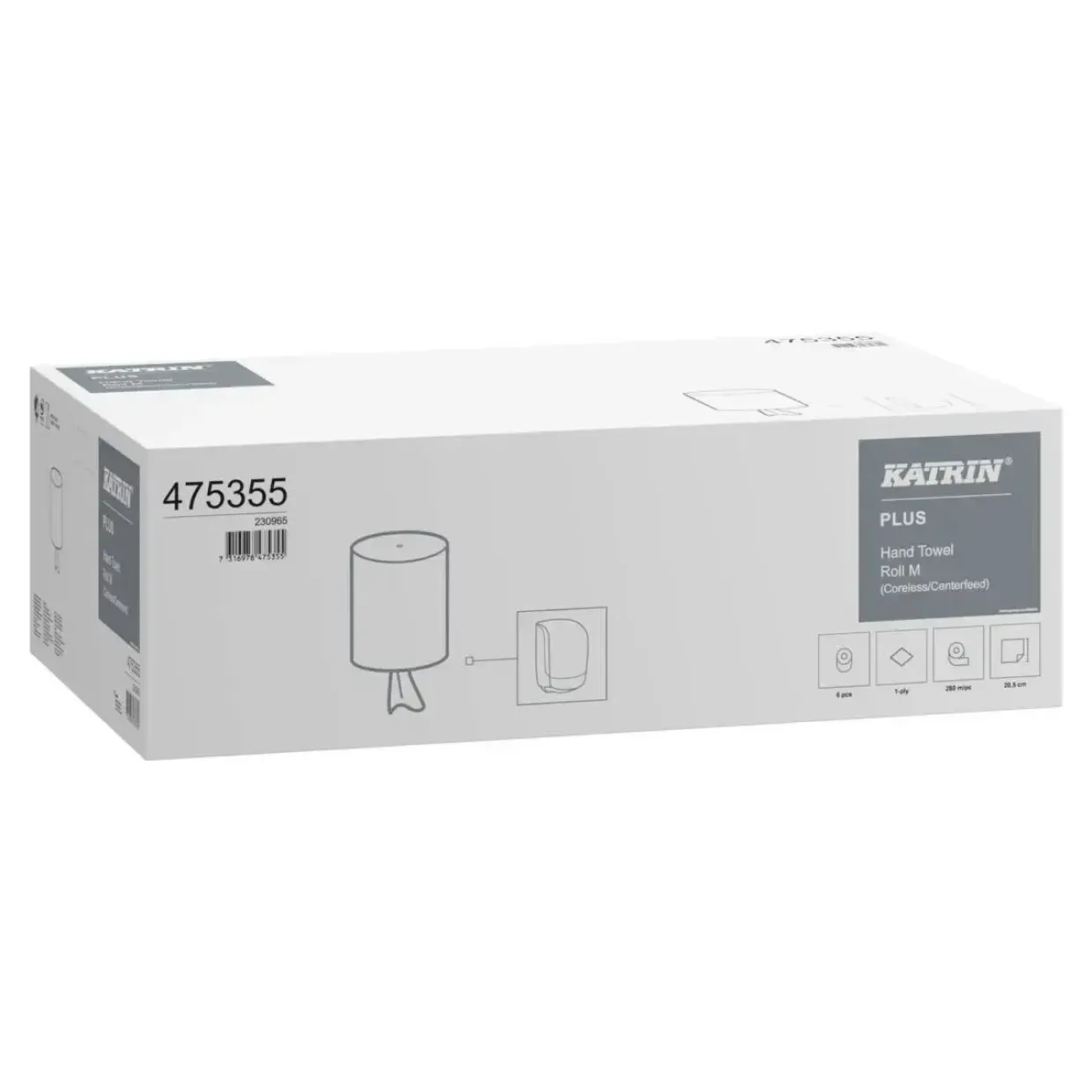 Håndklæderulle, Katrin 475355 Plus, 1-lags, uden hylse, hvid, 20,50 cm x 280 m - 6 stk