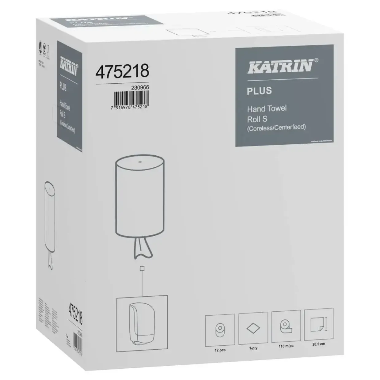 Håndklæderulle, Katrin 475218 Plus, 1-lags, uden hylse, hvid, 20,50 cm x 110 m - 12 stk