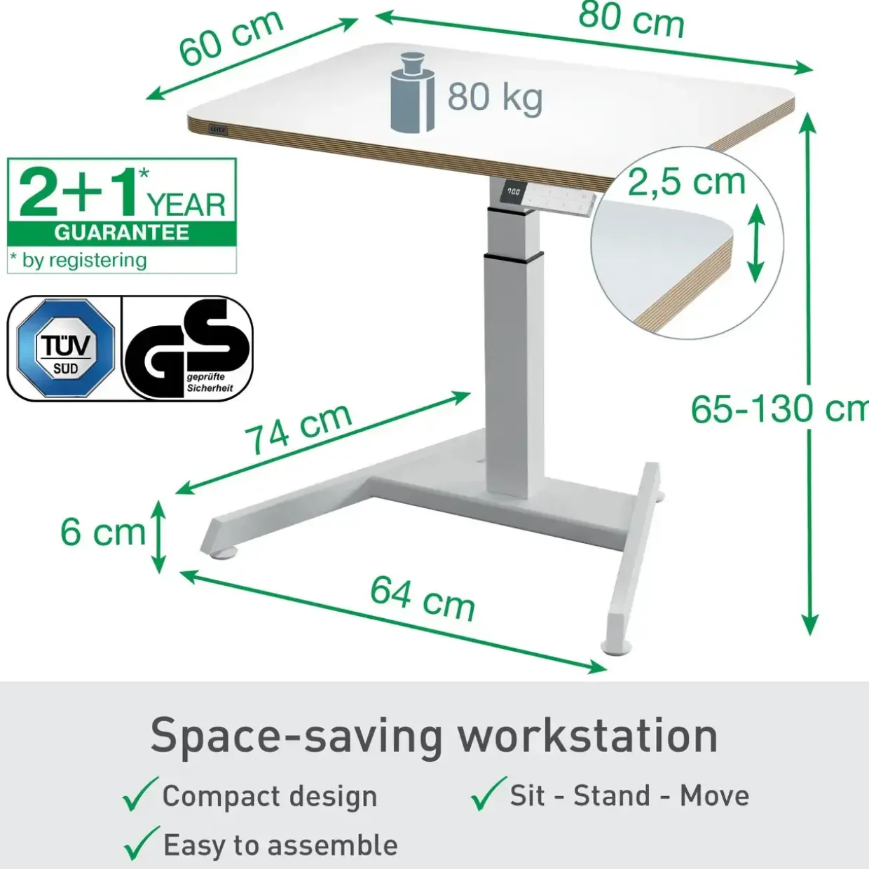 Hæve-sænke bord - Leitz Ergo Small - Elektrisk - 80x60 cm - Hvid