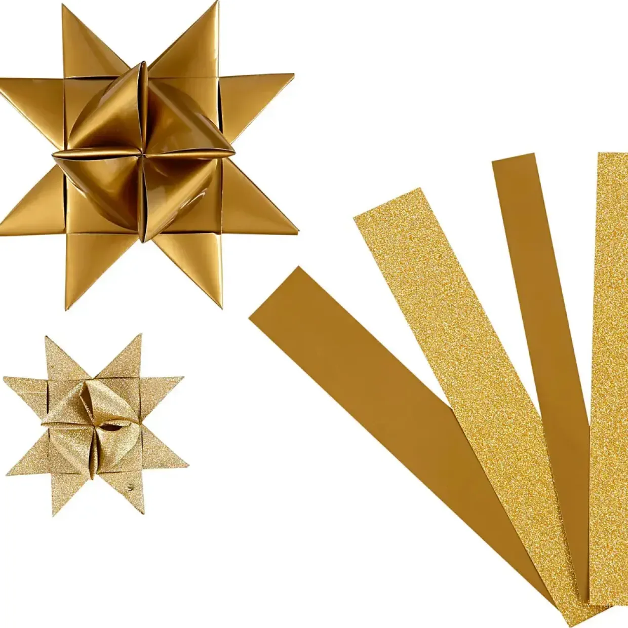 Julestjerner strimler - Vivi Gade guld glitter og lak B: 15 + 25 mm Ø: 6,5 + 11,5 cm L: 44 + 86 cm - 40 stk