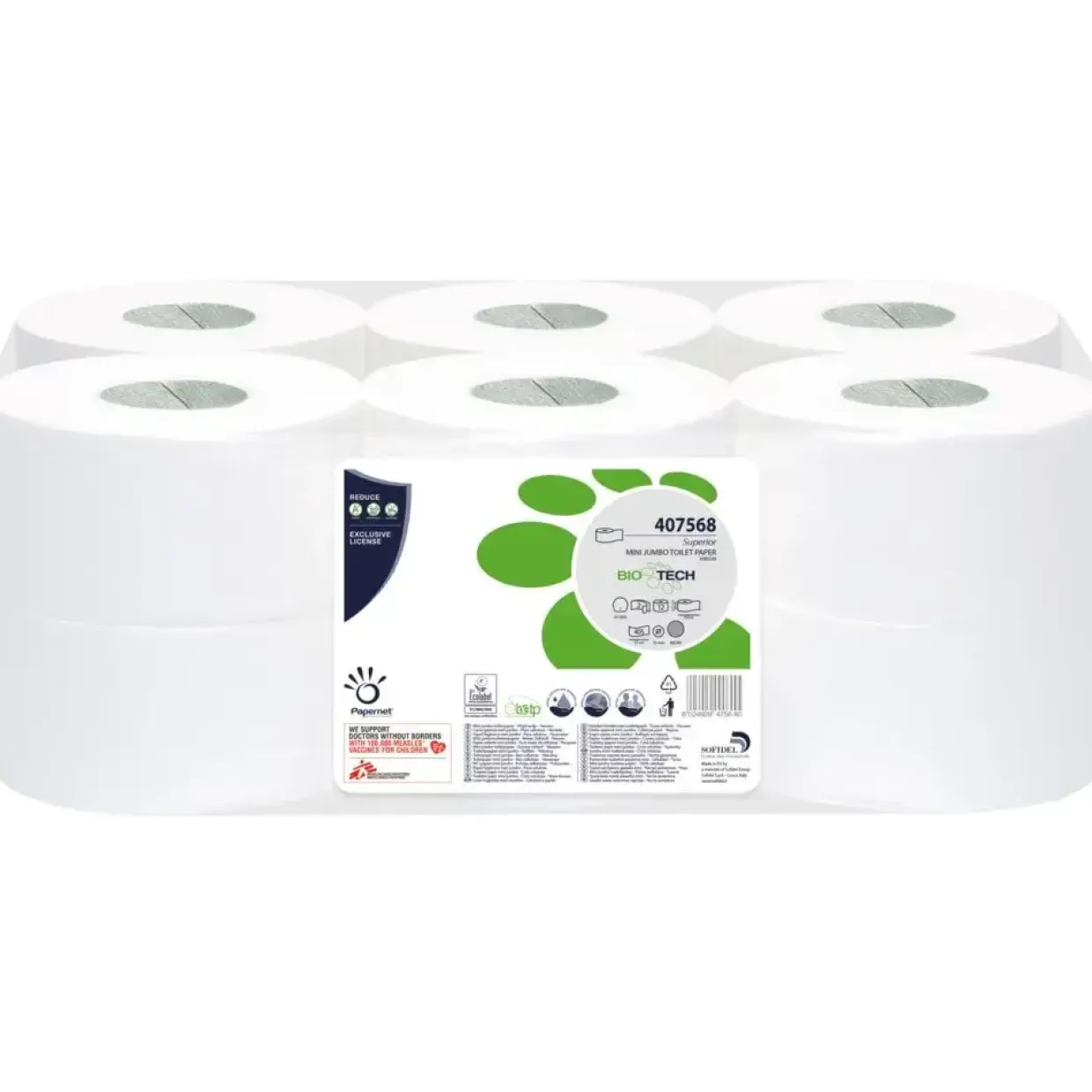 Jumborulle Biotech 2-lags hylse 76 mm mini 150 meter hvid | 405 ark - 12 stk