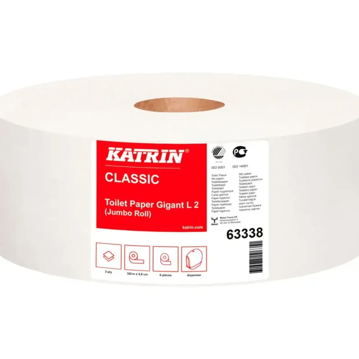 Jumborulle, Katrin 63338, Classic 2-lags Midi 380m x 9,8cm Ø27cm hvid blandingsfibre - 6 ruller