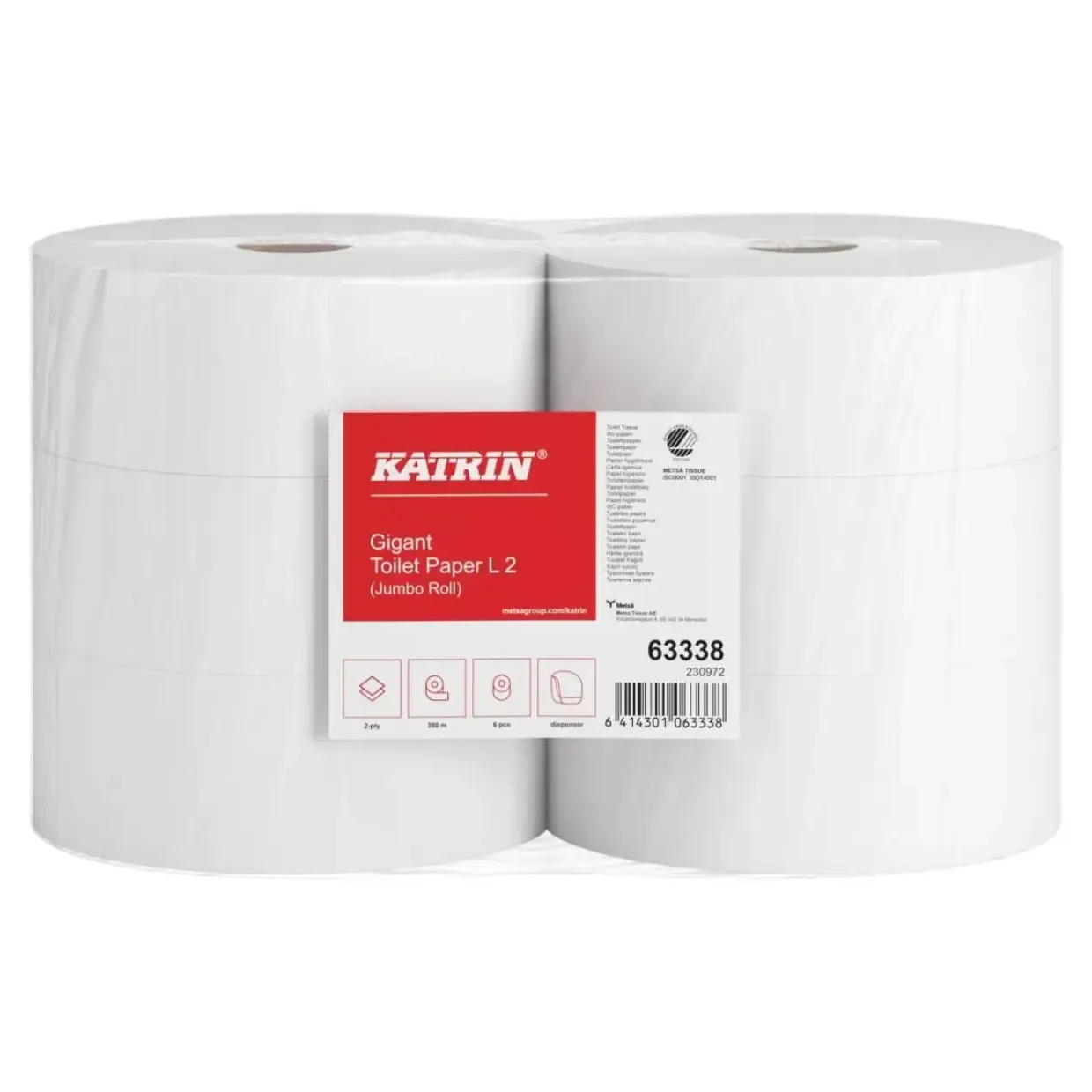 Jumborulle, Katrin 63338, Classic 2-lags Midi 380m x 9,8cm Ø27cm hvid blandingsfibre - 6 ruller
