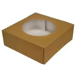 Kageæske hængslet låg høj L190xB190xH80mm pap/plast med rund rude brun/hvid - 100 stk/krt