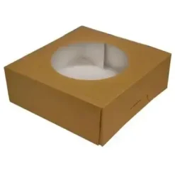 Kageæske hængslet låg høj L230xB230xH80mm pap/plast med rund rude brun/hvid - 100 stk/krt