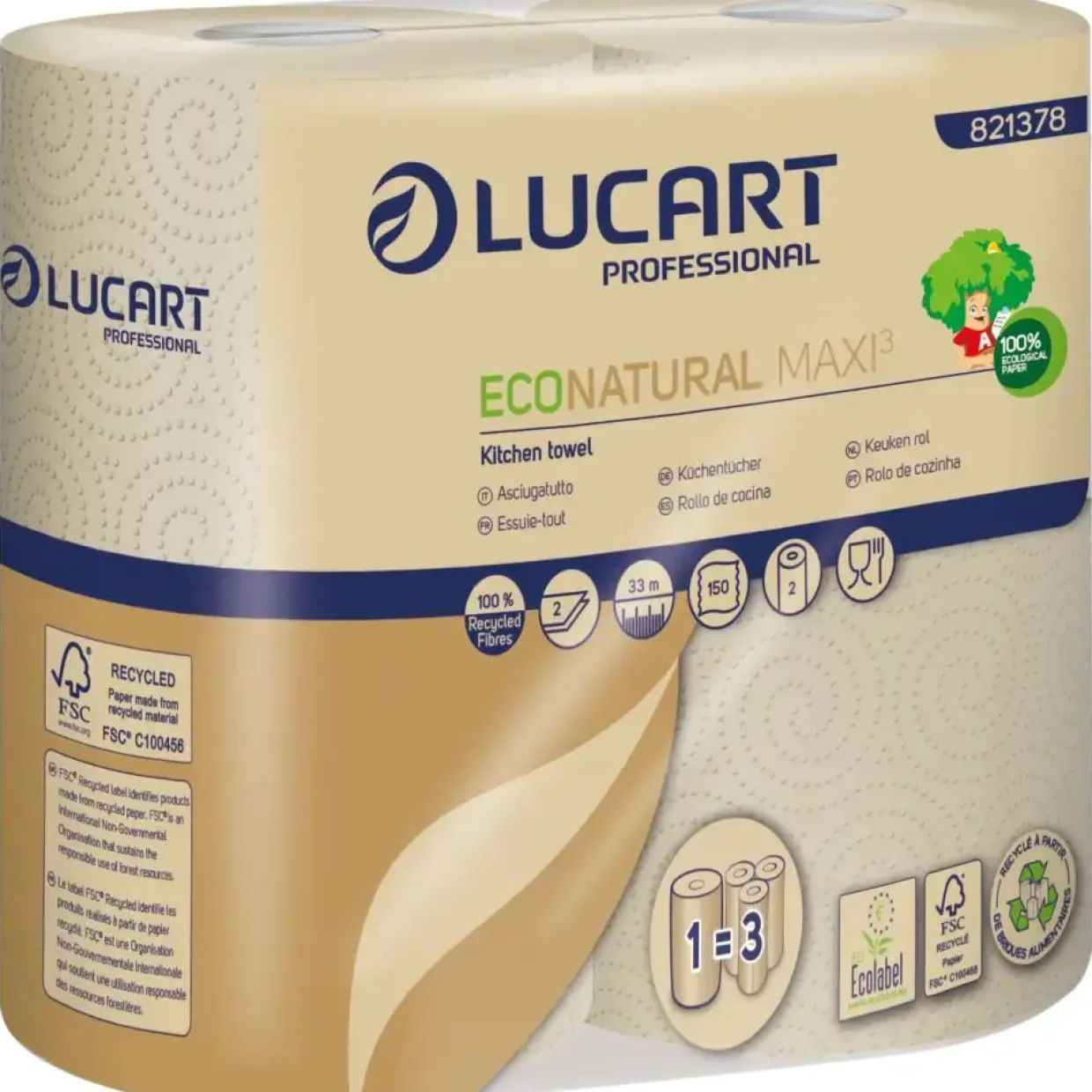 Køkkenrulle, Lucart T3 Natural, 2-lags, 33x22cm, Ø13,2cm, ubleget, genanvendt papir - 30 ruller