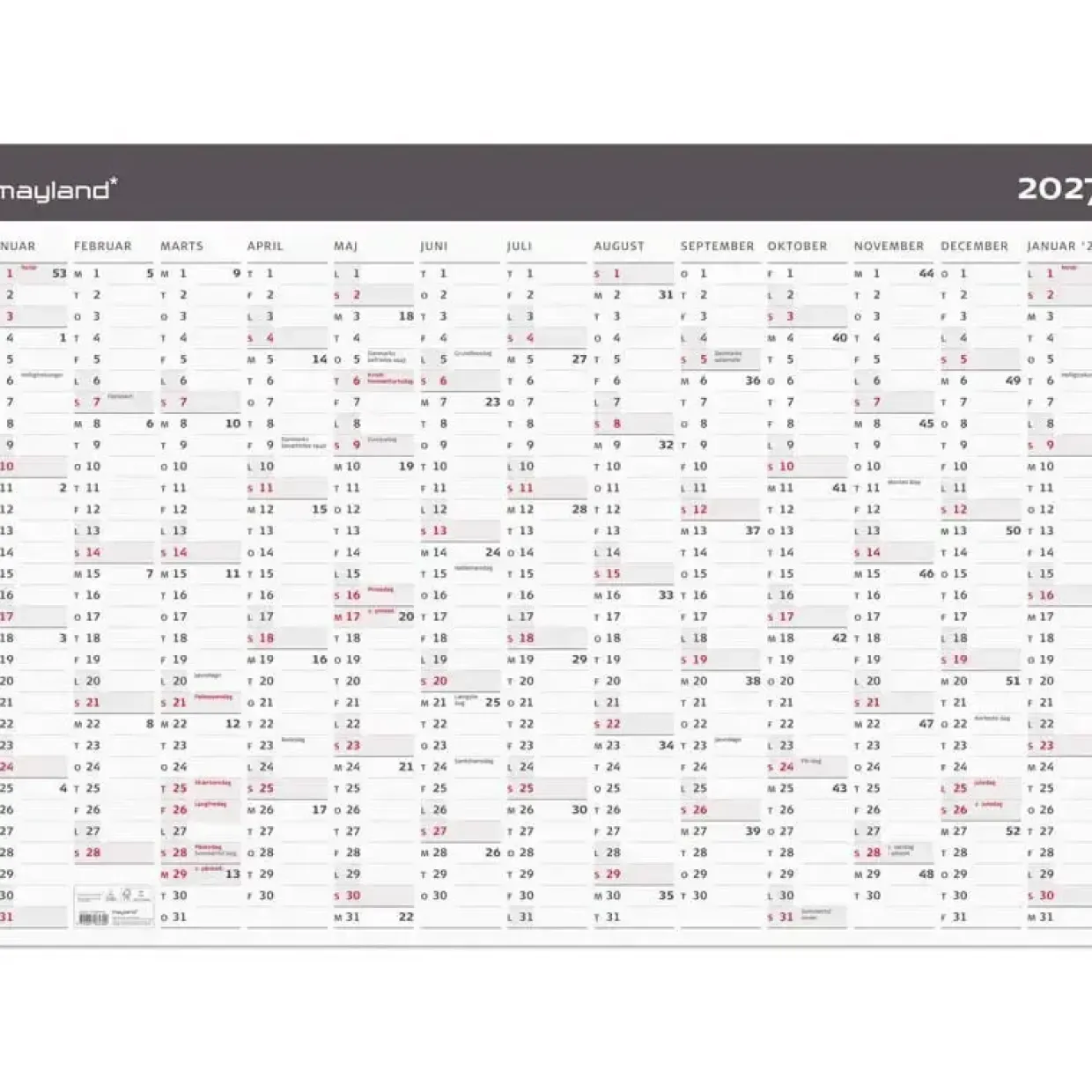 Kæmpekalender(i paprør) 1x13 mdr. væg - Moderne - 70x100 cm - Papir - 2027 - Mayland - 27064300