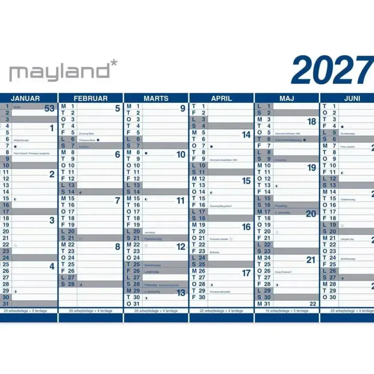 Kæmpekalender(i paprør) 2x6 mdr. væg - 70x100 cm - PP-plast - 2027 - Mayland - 27065400