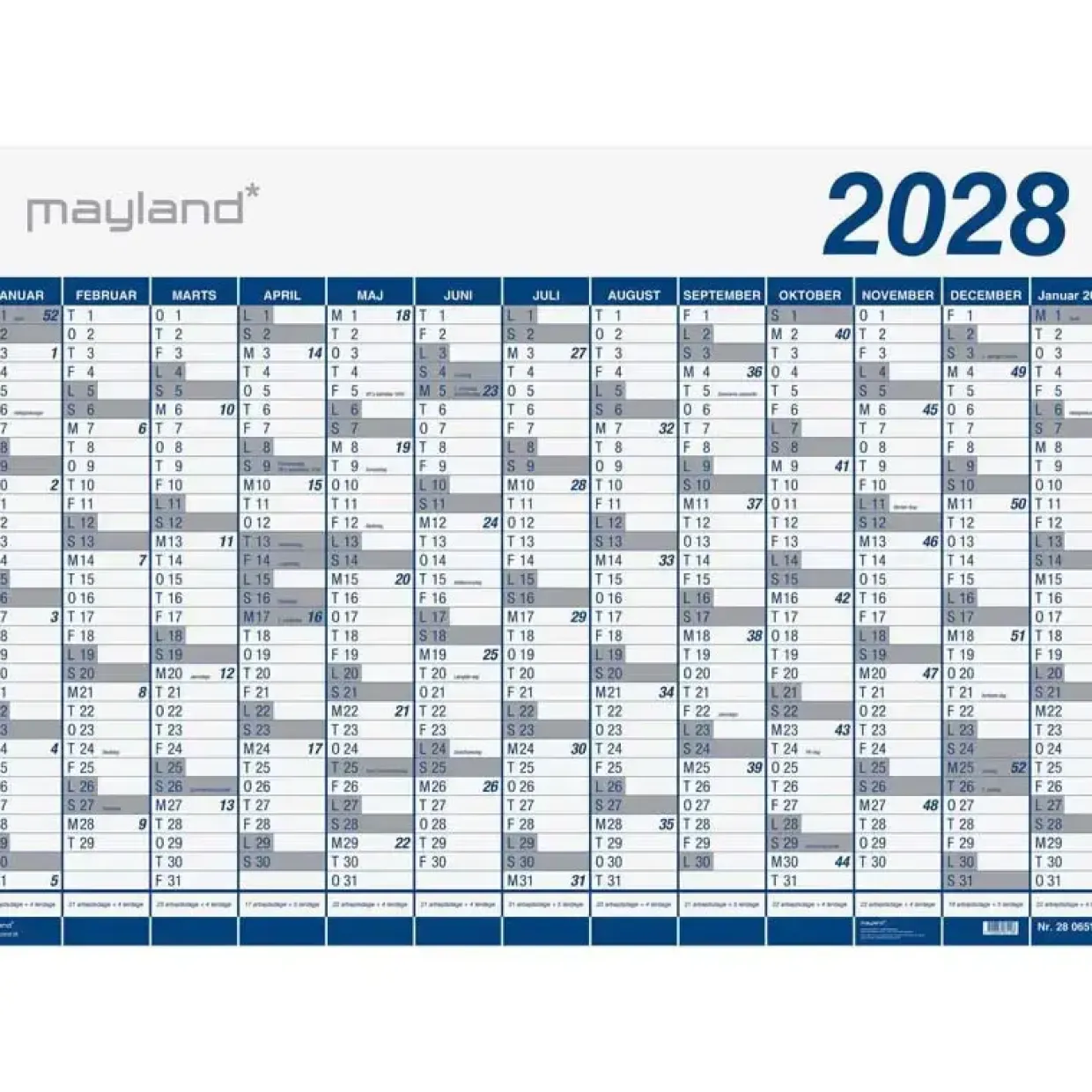 Kæmpekalender(i paprør) 1x13 mdr. væg - 70x100 cm - PP-plast - 2028 - Mayland - 28065000