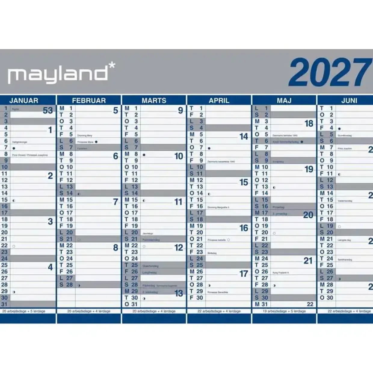 Kæmpekalender(i paprør) 2x6 mdr. væg - 70x100 cm - Papir - 2027 - Mayland - 27064000