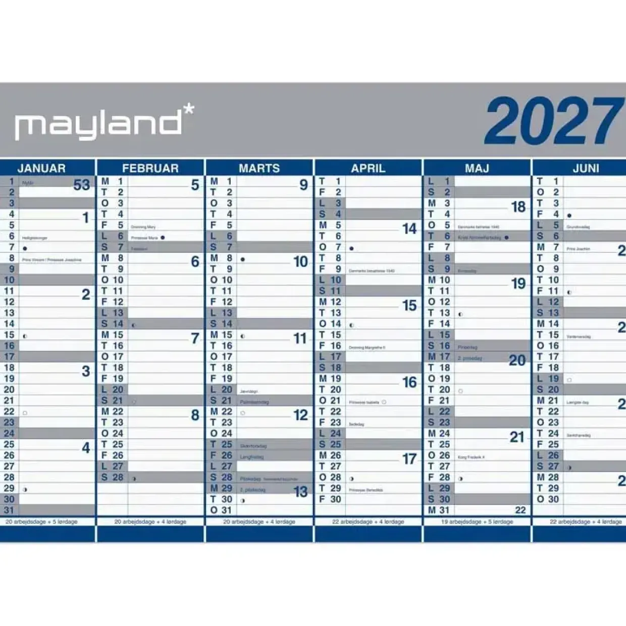 Kæmpekalender(i plastpose) 2x6 mdr. væg - 70x100 cm - Papir - 2027 - Mayland - 27064100