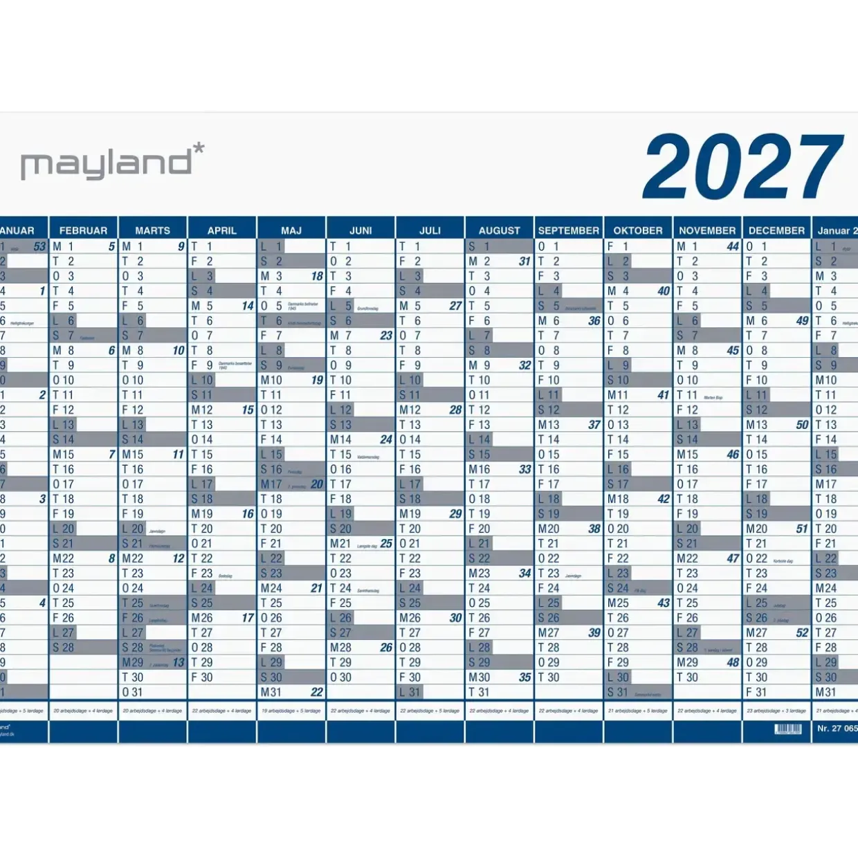 Kæmpekalender - Væg - 1x13 mdr. - PP-plast rør - Blå - 70x100 cm - 2027 - 27065000