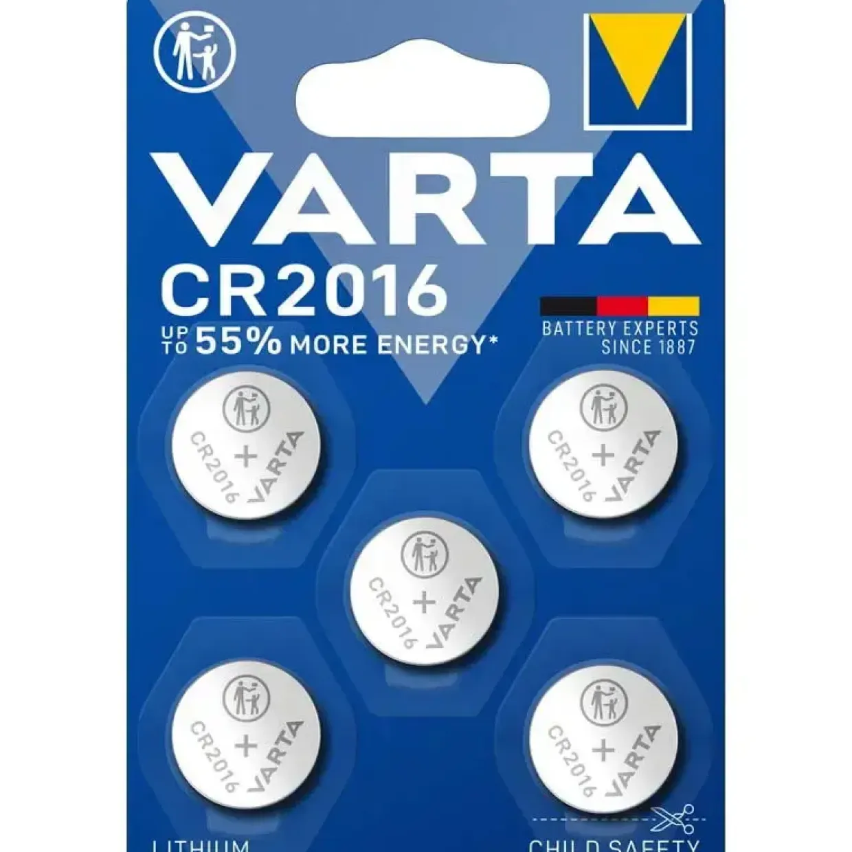 Knapcellebatteri, Varta, CR2016 pakke a 5 stk