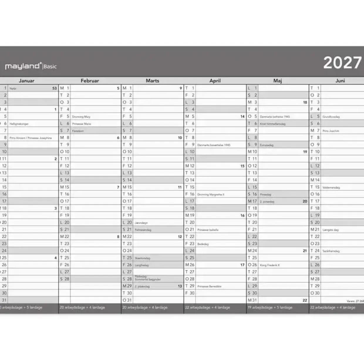 Kontorkalender væg - Basic - A4 - Grå - 2027 - Mayland - 27268000