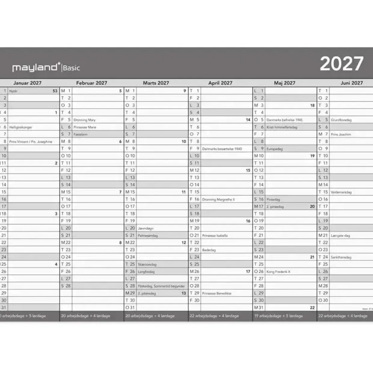 Kontorkalender væg - Basic - A3 - Grå - 2027 - Mayland - 27268500