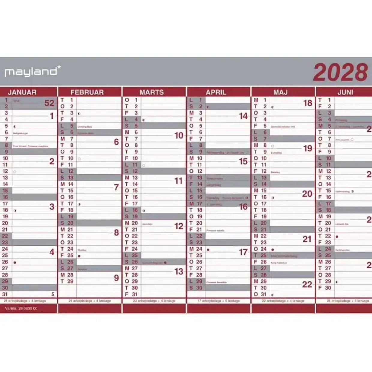 Kontorkalender væg - Dobbelt halvårskalender - 439x290mm - 2028 - Mayland - 28063000
