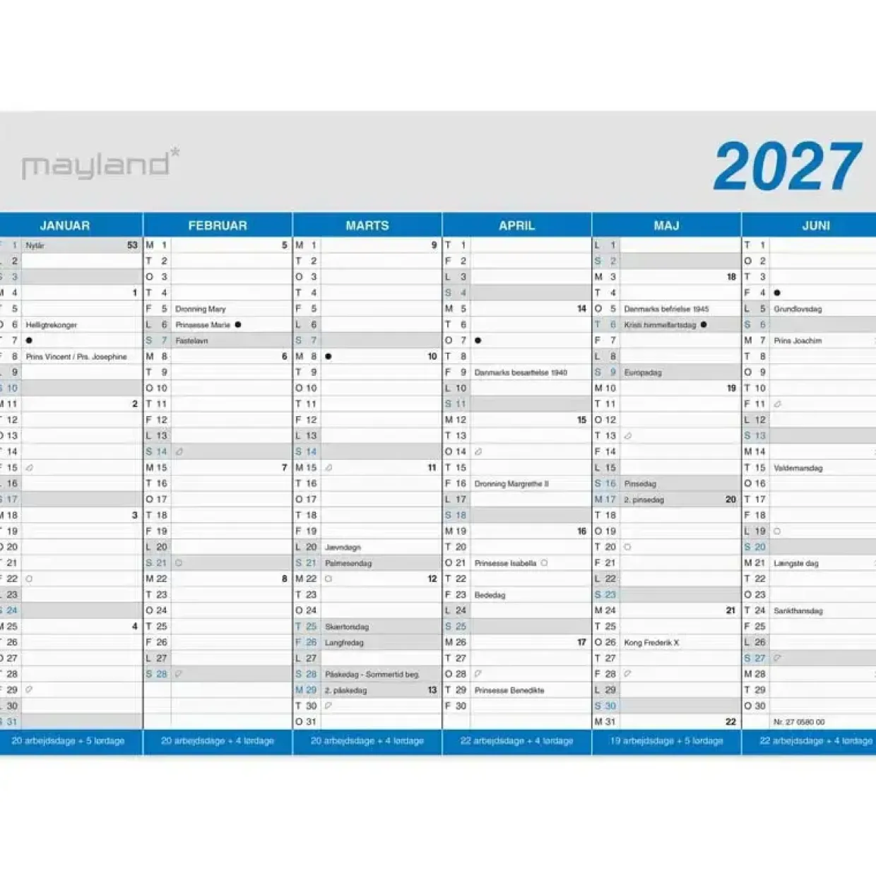 Kontorkalender væg - Klassisk - A5 - 2027 - Mayland - 27058000