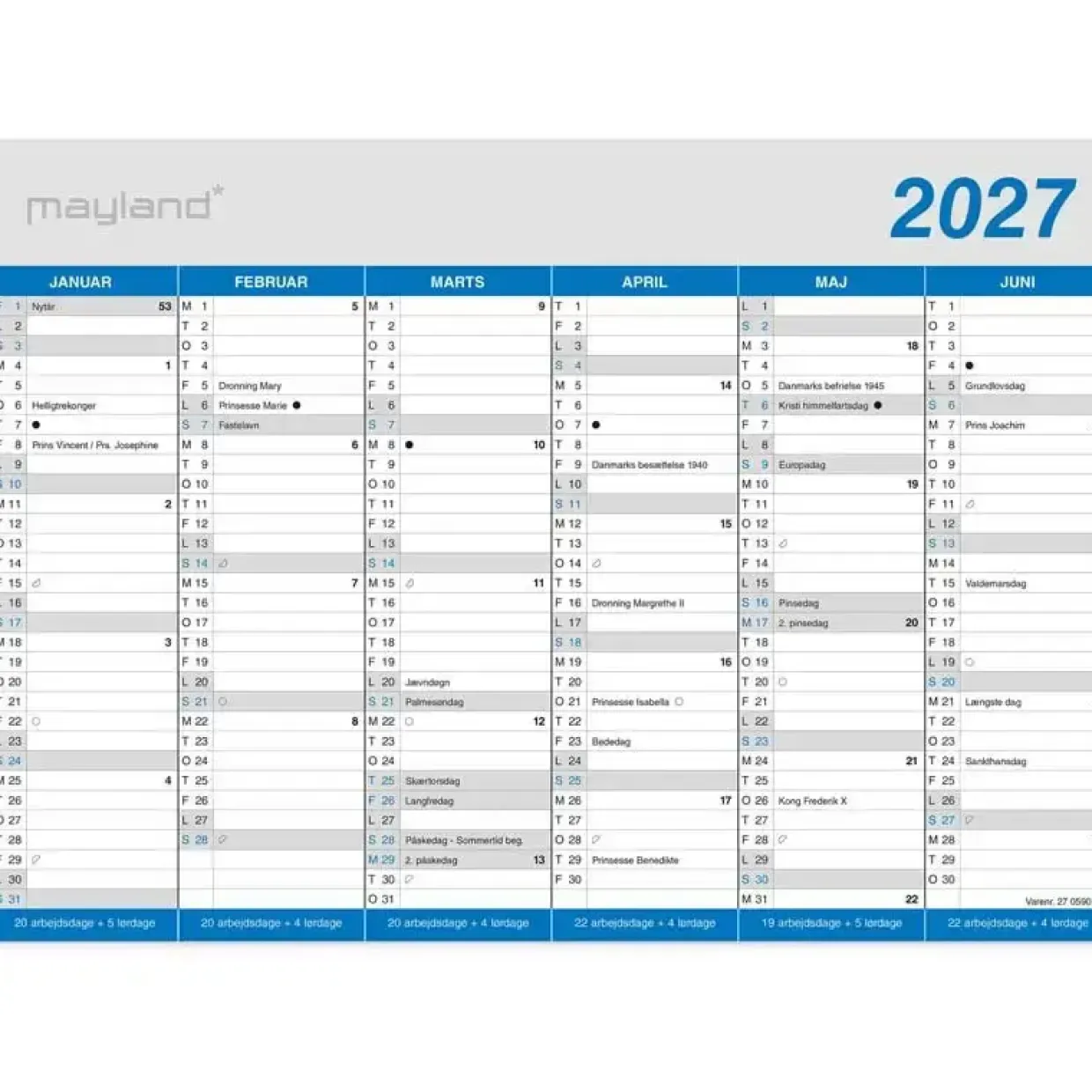 Kontorkalender væg - Klassisk - A4 - 2027 - Mayland - 27059000