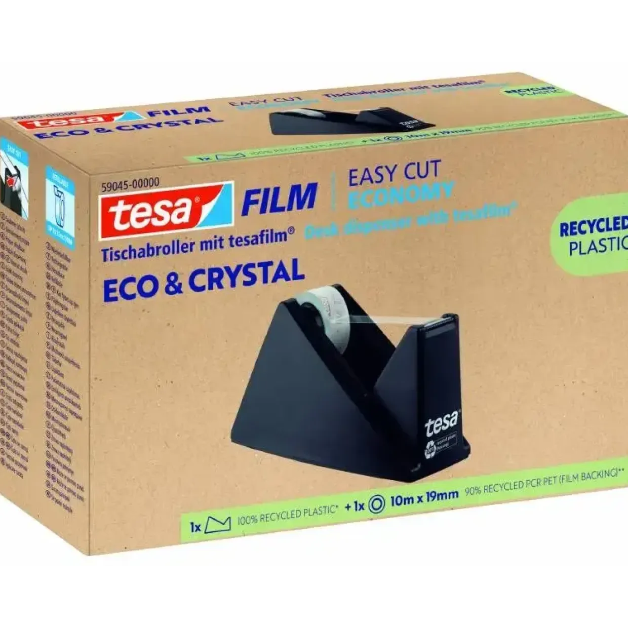 Kontortape - Tesa EcoLogo - 19 mm x 10 m - Klar - Inkl. Borddispenser Sort PCR PET