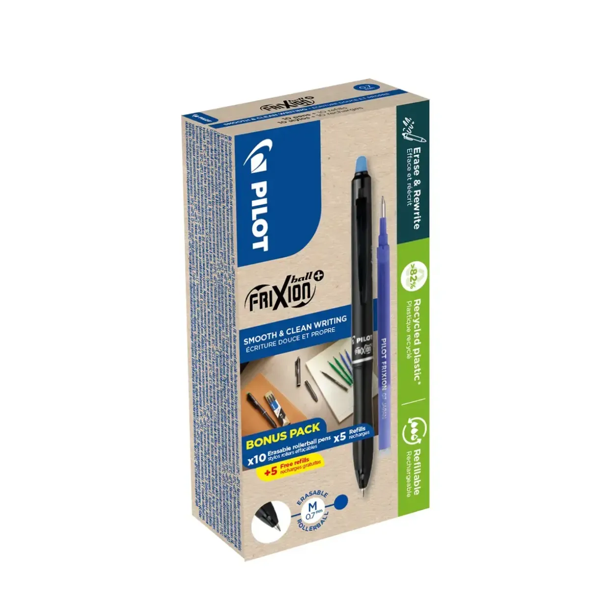 Kuglepen m/klik - Pilot FriXion Ball Plus 0,7 - Blå - Green Pack 10+10