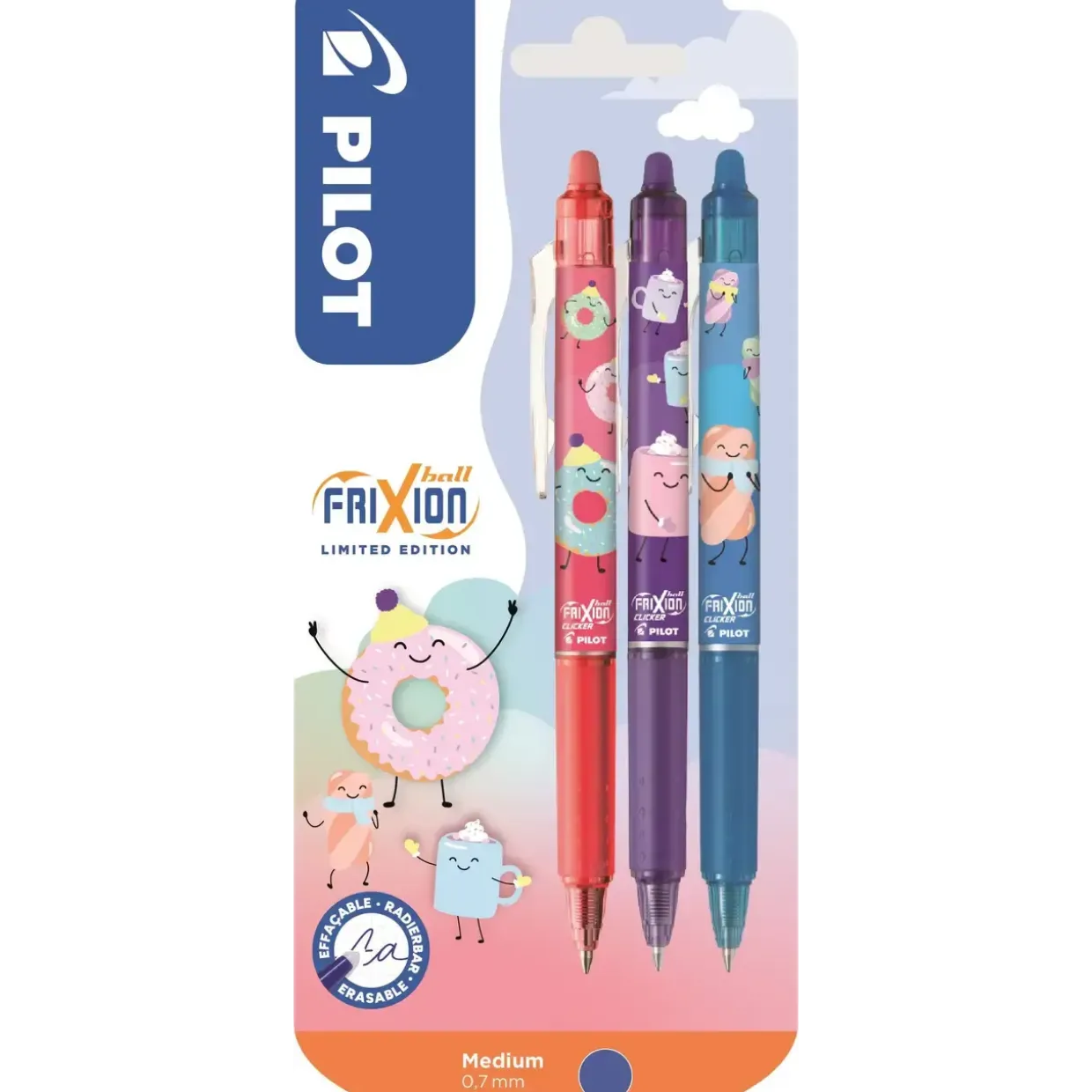 Kuglepenne - Pilot Frixion - Ball Clicker - Sweet Paradise - 0,7 - Ass - 3 stk i pakken - Køb minimum 12 stk.