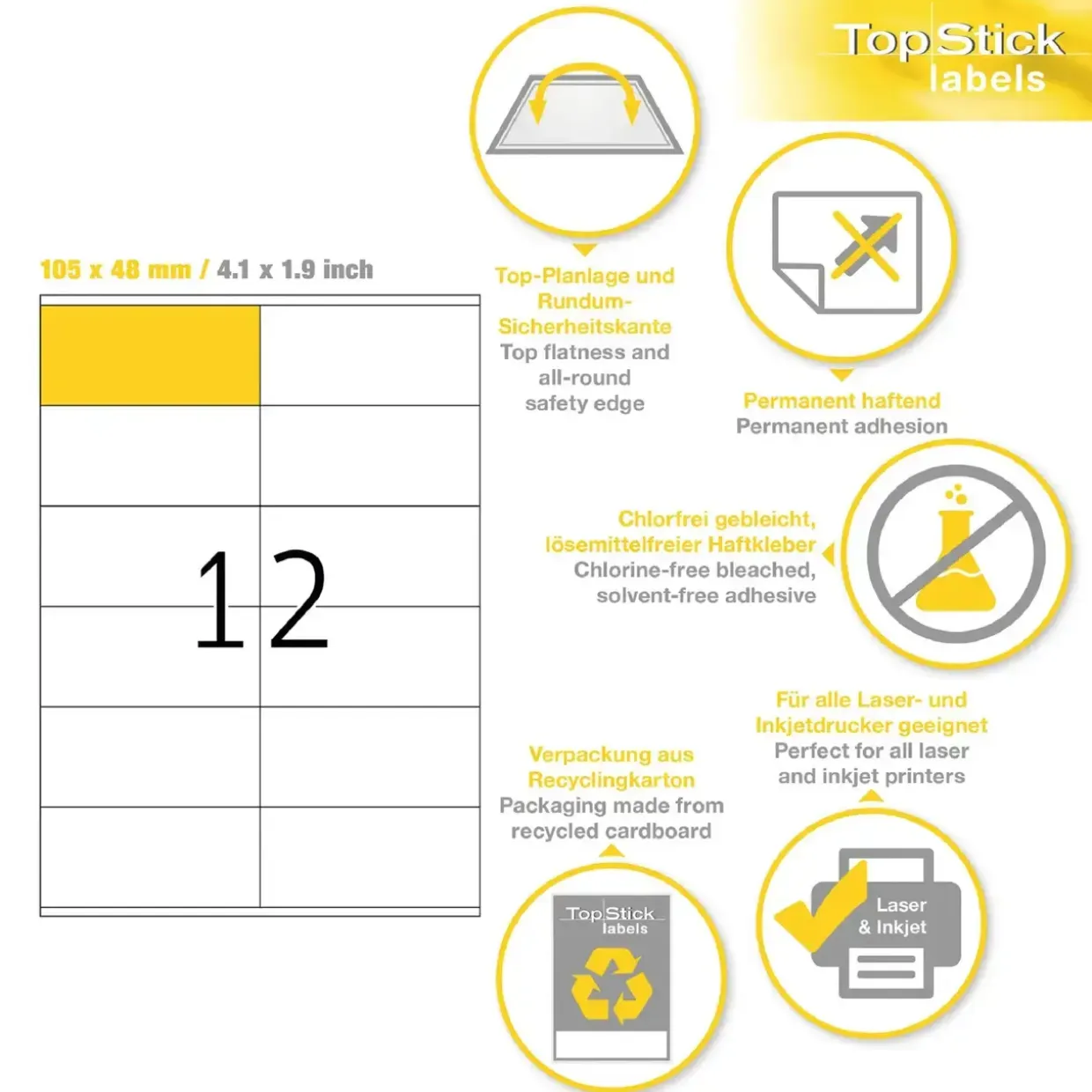 Labels TopStick 105x48mm A4 - Hvid - 1200 stk