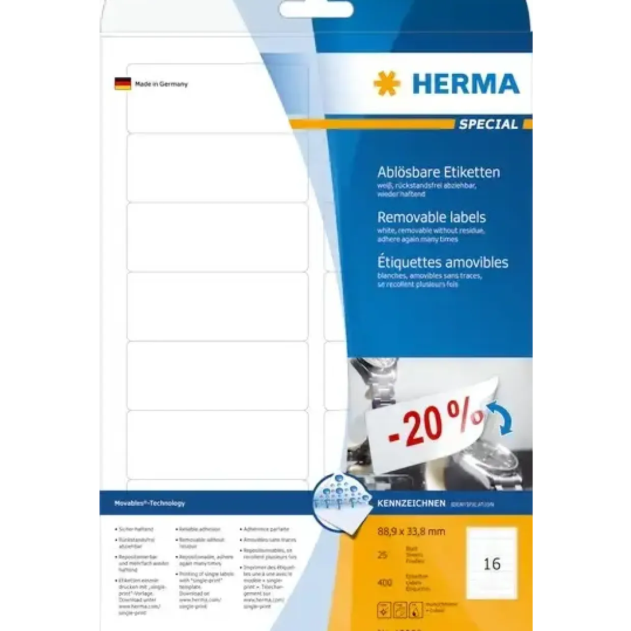 Labels white HERMA Movables 88,9x33,8 A4 400 pcs.