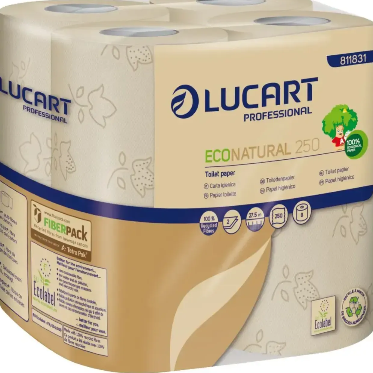 2-lags Toiletpapir Lucart T3 Natural sand 9,6 cm x 27,5 meter - 250 ark pr rulle- 64 ruller