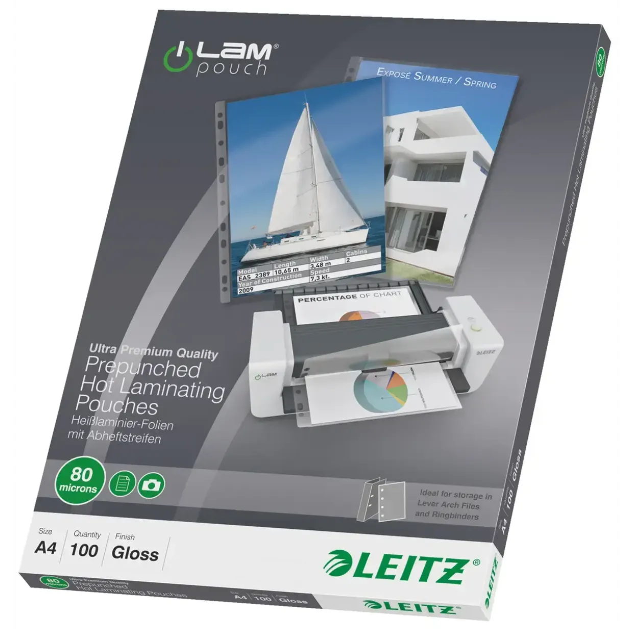 Lamineringslomme A4 - Leitz 80 mic forhullet - 100 stk