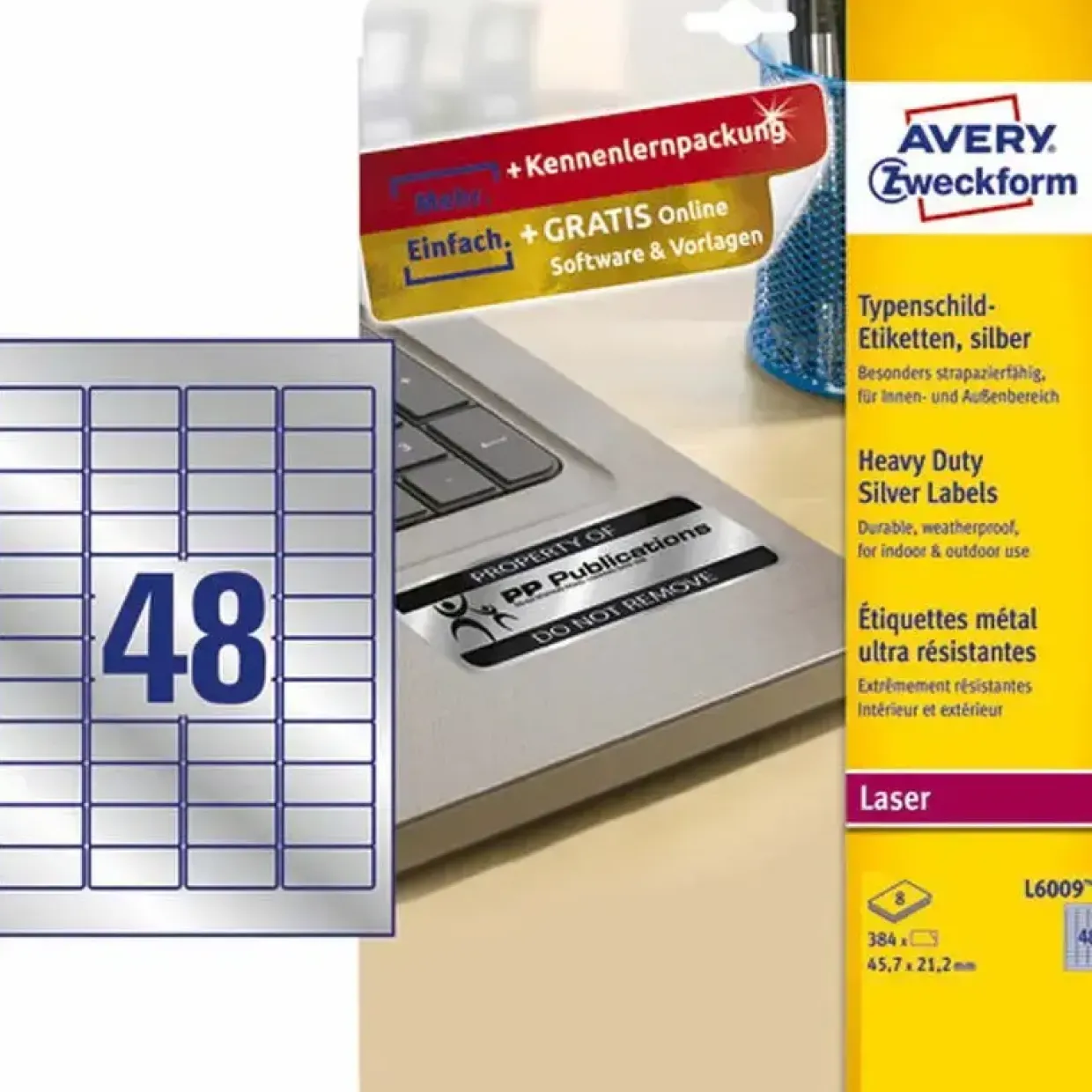 Laseretiket slidstærk - Avery L6009-8 - 45,7x21,2mm - Sølv - 48stk/ark - 8ark/pak