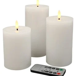 LED bloklys, Ø7,5cm, hvid, plast, sæt á 3 stk., pulserende flamme, 10/12,5/15 cm, fjernbetjening - 6 pakker