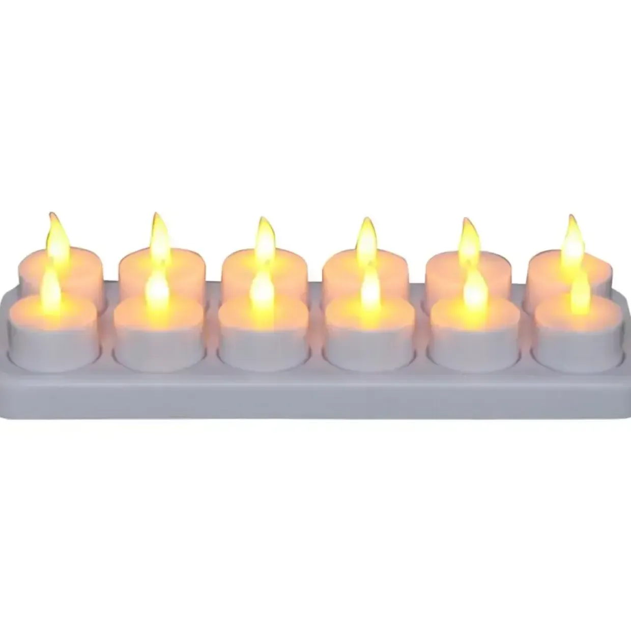 LED fyrfadslys, 4,9cm, Ø3,9cm, hvid, plast, med pulserende flamme, genopladeligt sæt med 12 lys, inklusiv oplader