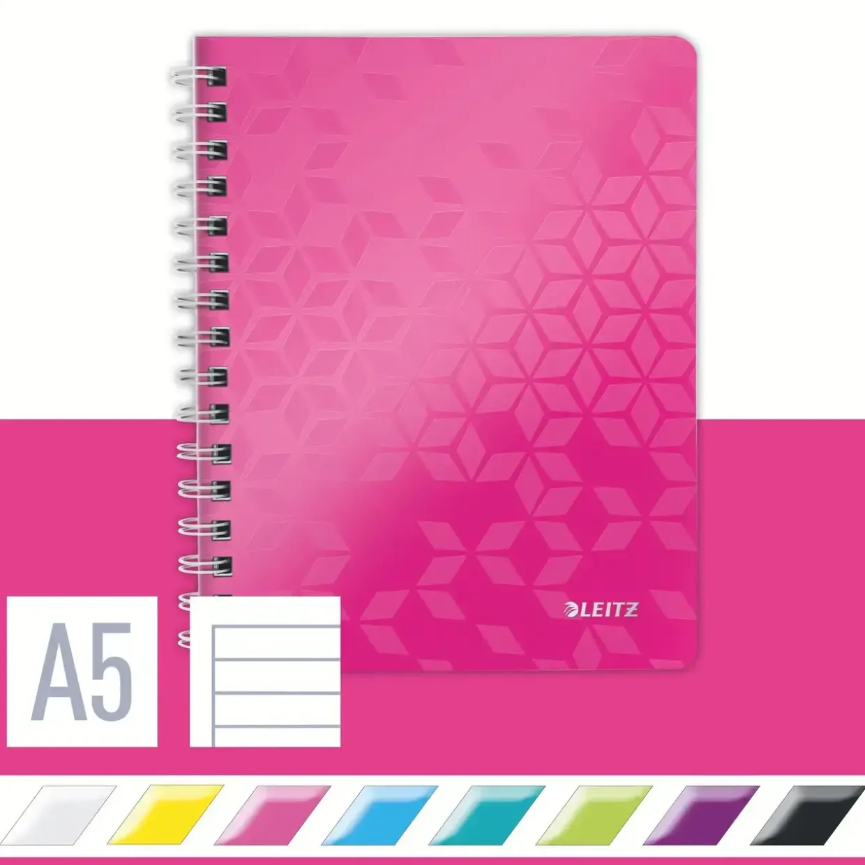 Leitz Notesbog WOW PP A5 m/hul lin. 80 ark pink - Køb minimum 6 stk.