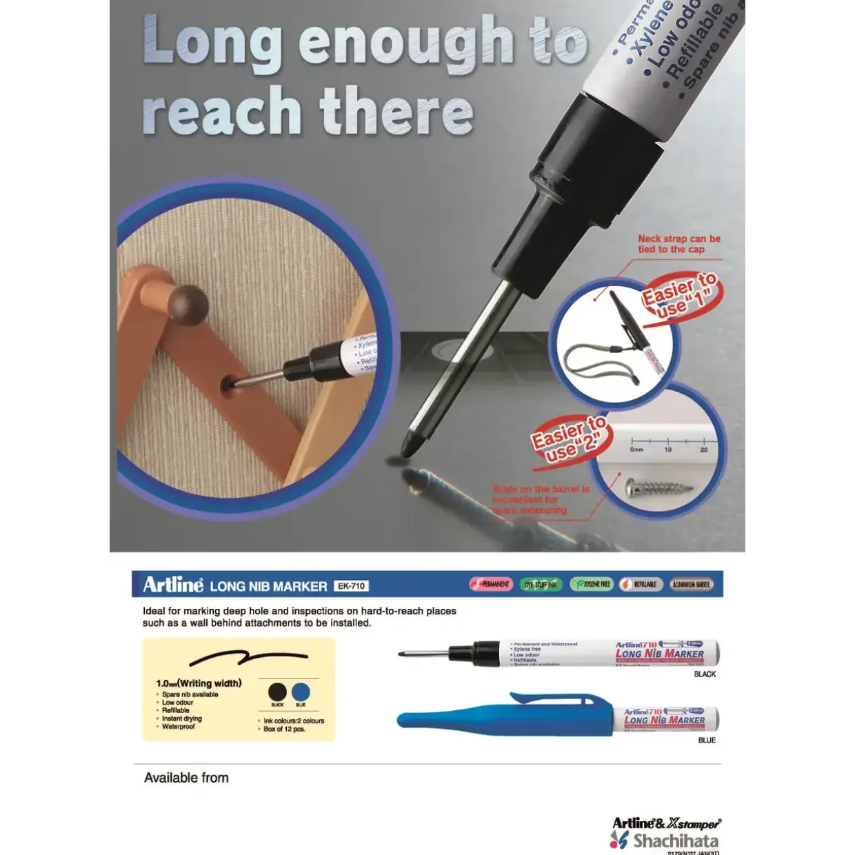 Marker Artline 710 Long Nib blå - Køb minimum 12 stk.