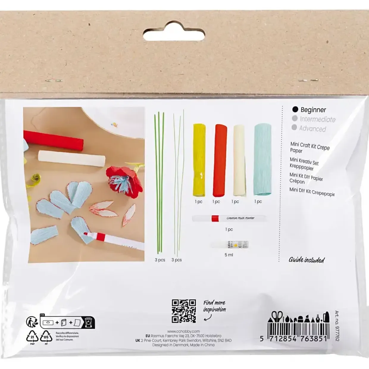 Mini DIY Kit Crepepapir, Crepeblomster, pastelfarver - 1 pk