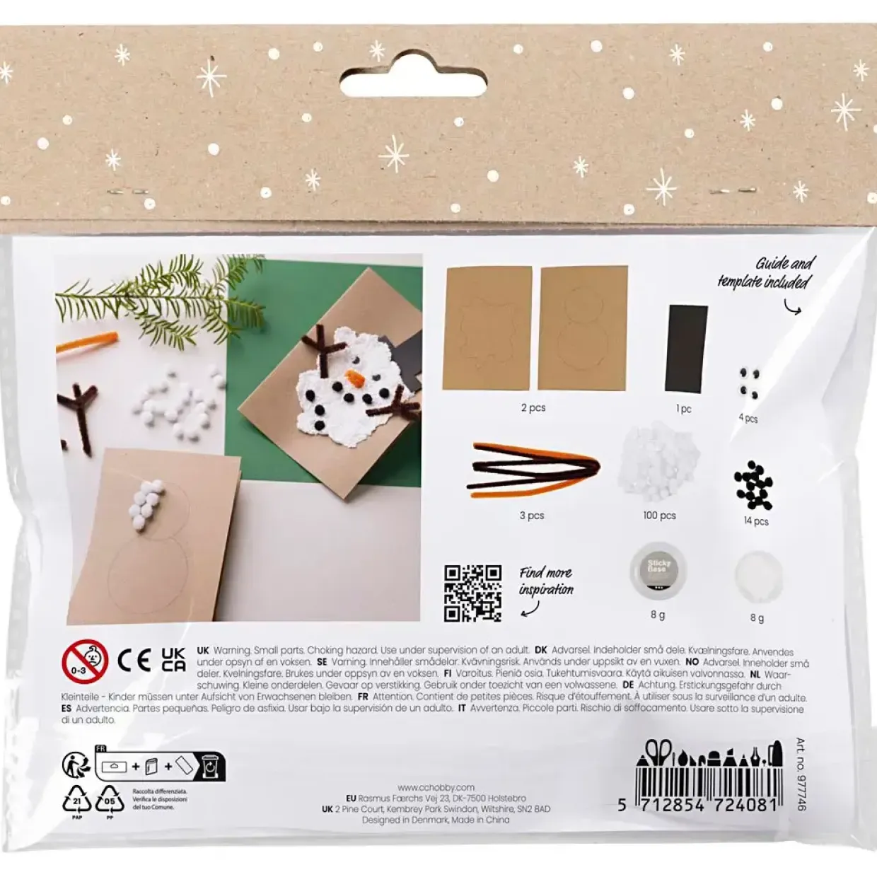 Mini DIY Kit Dekoration, Julekort med snemænd, sort, brun, mellem orange, hvid
