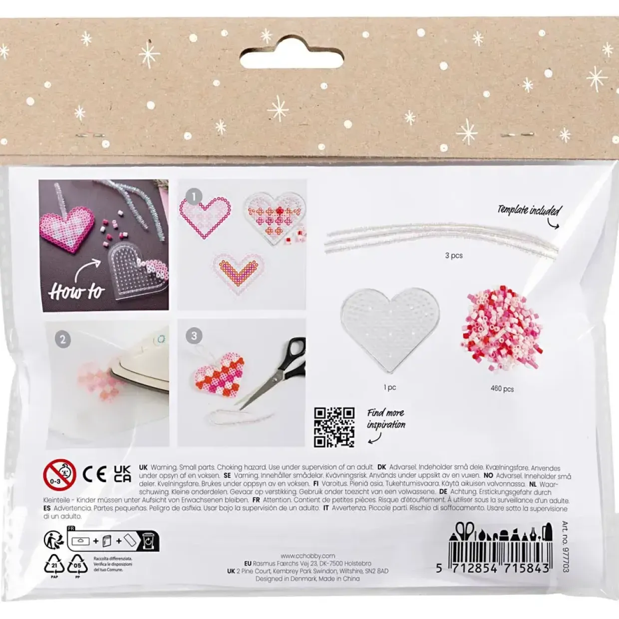 Mini DIY Kit Rørperler, Julehjerter, pink, lys pink, primær rød, hvid