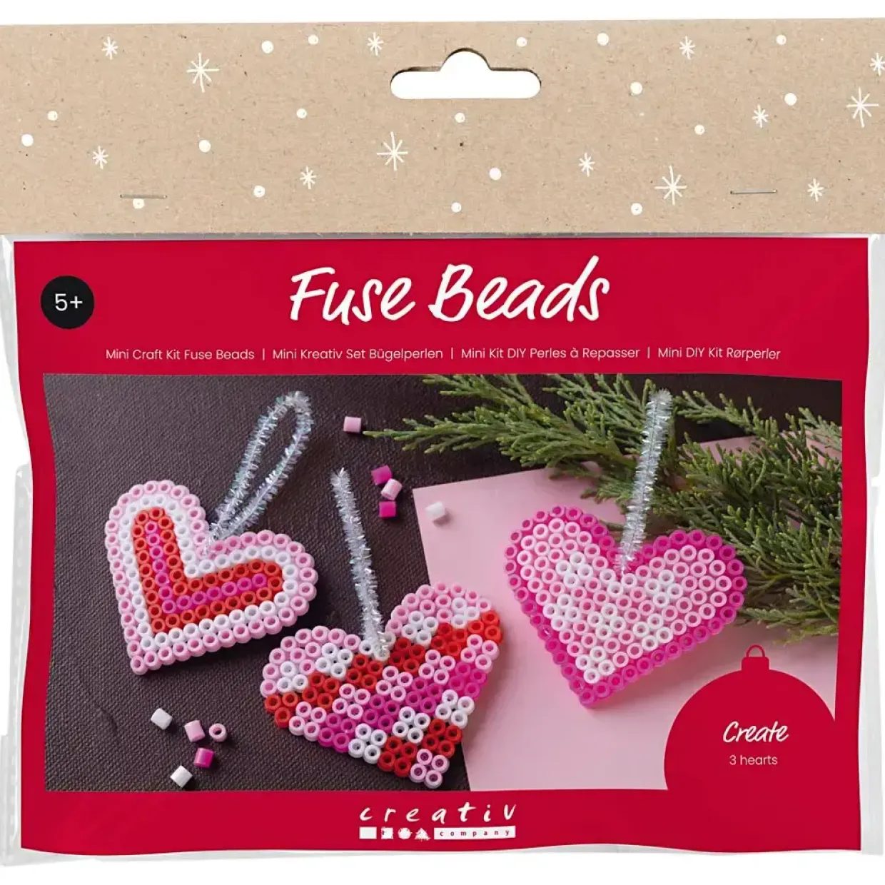 Mini DIY Kit Rørperler, Julehjerter, pink, lys pink, primær rød, hvid