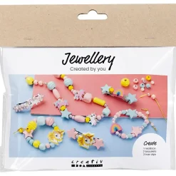 Mini DIY Kit Smykker, Halskæde, armbånd, hårpynt, lys blå, lys rød, gul - 1 pk
