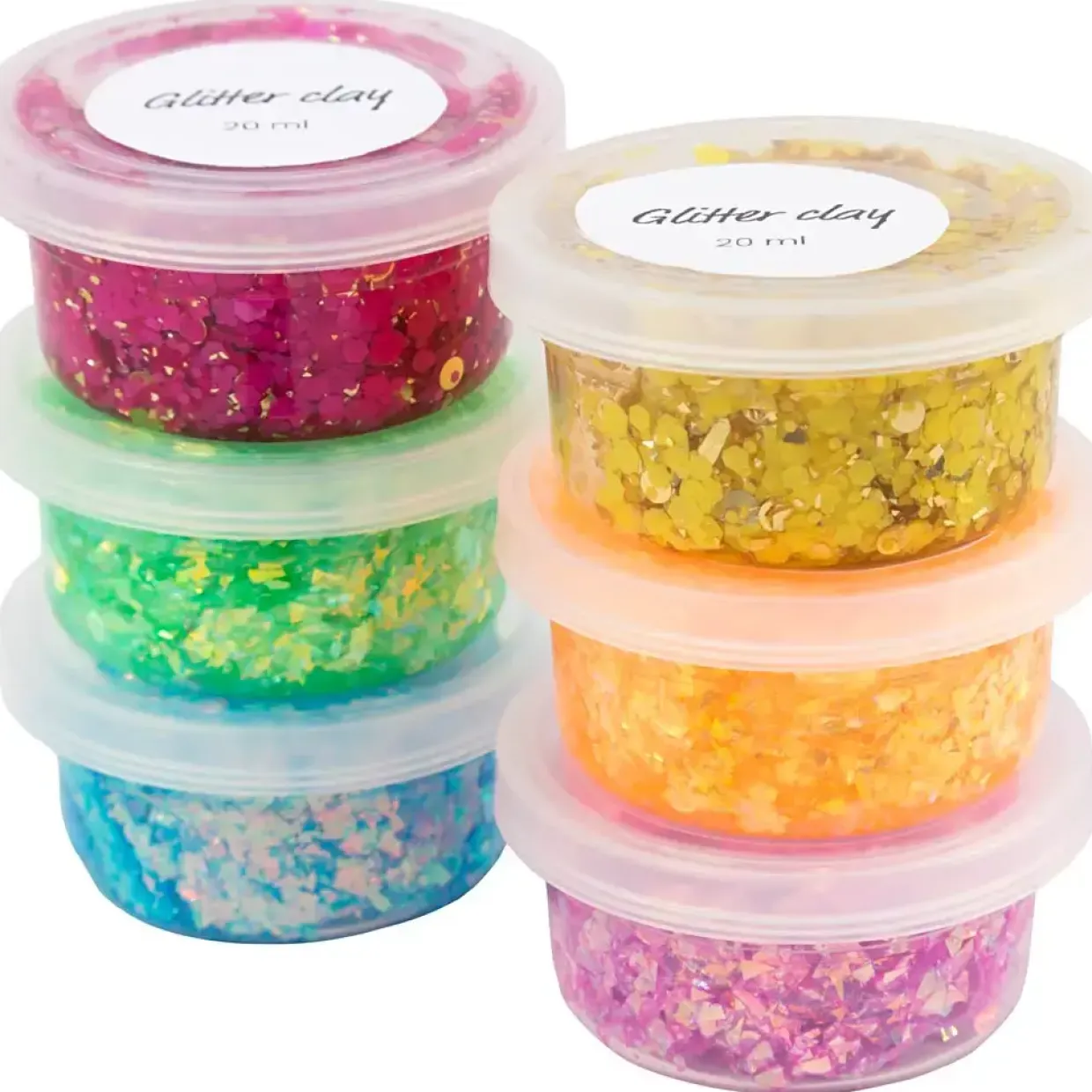 Modelleringsmasse - Glitter Clay - Transparent med glimmer - Ass. farver 6x20 ml