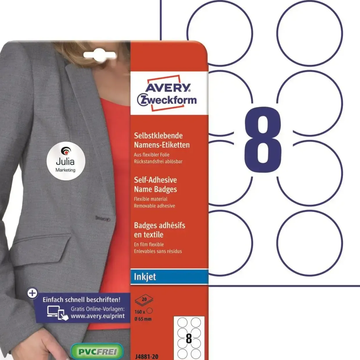 Navneskilte - Avery J4881-20 - Selvklæbende Ø65 mm - Inkjet - 160 stk