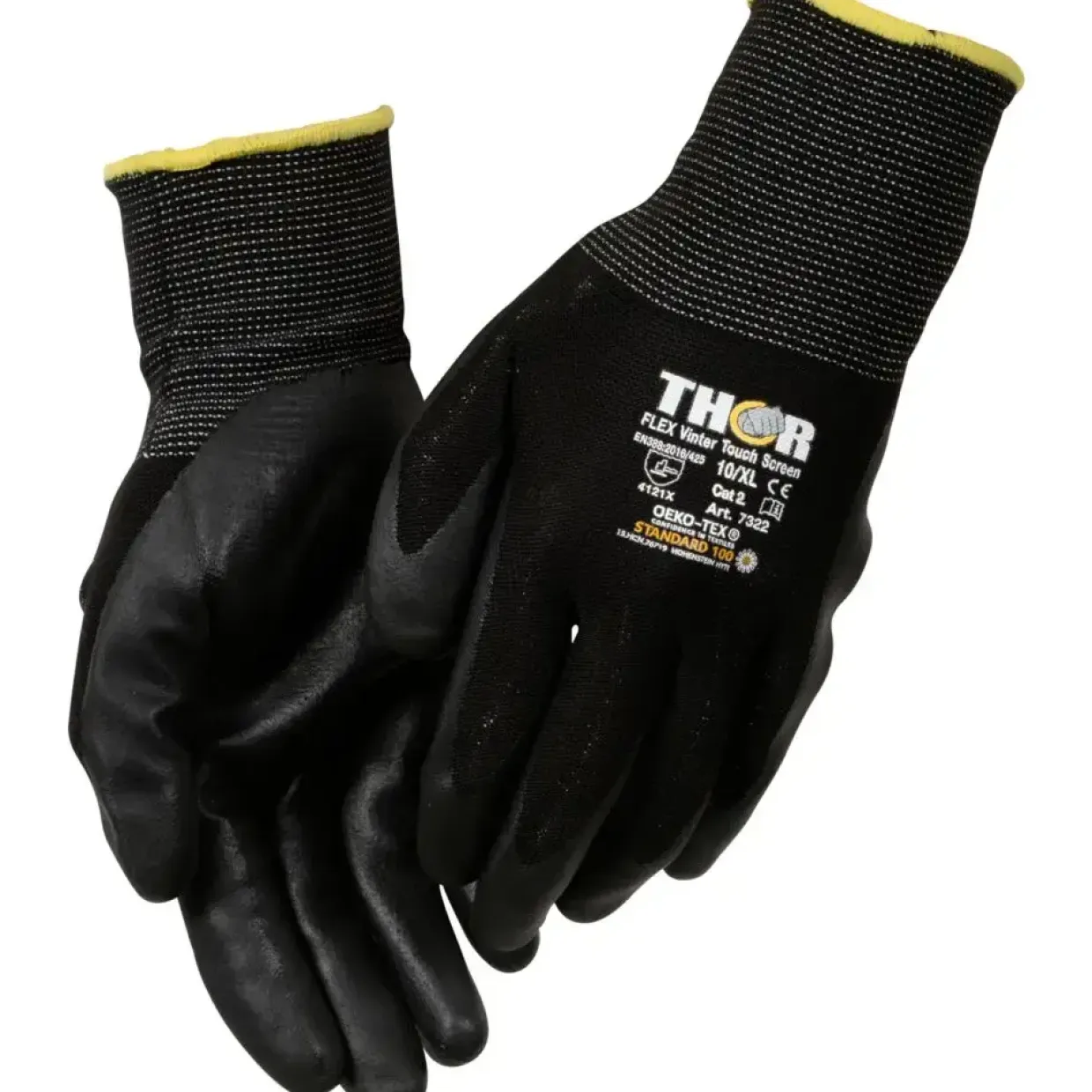 Nitrilhandske, Halvdyppet, THOR Flex Vinter, 10, sort, nitril/nylon, ribkant, touch screen - 12 par