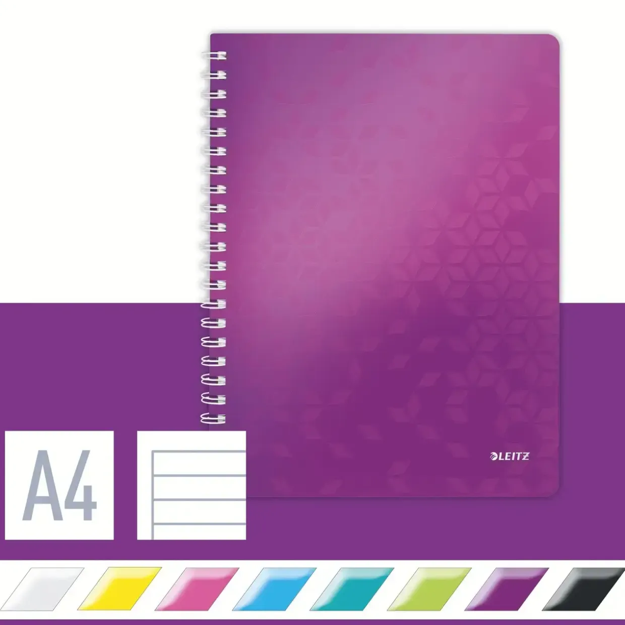 Notesbog Leitz WOW PP A4 m/hul lin. 80 ark lilla