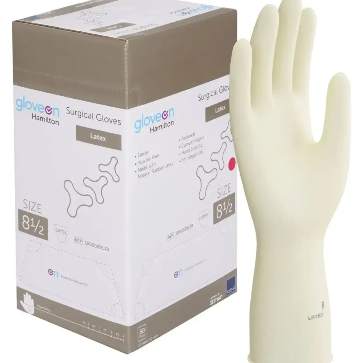 Operationshandske, Gloveon Hamilton, 8,5, nature, latex, pudderfri - 50 par